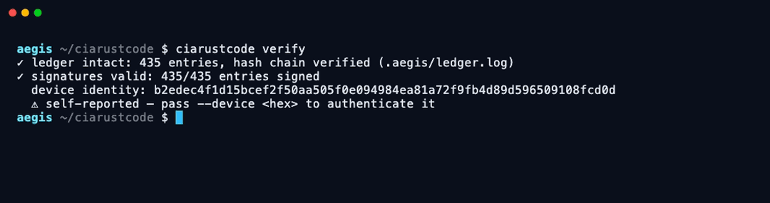 ciarustcode verify — the tamper-evident ledger's hash chain and signatures, checked in one command.