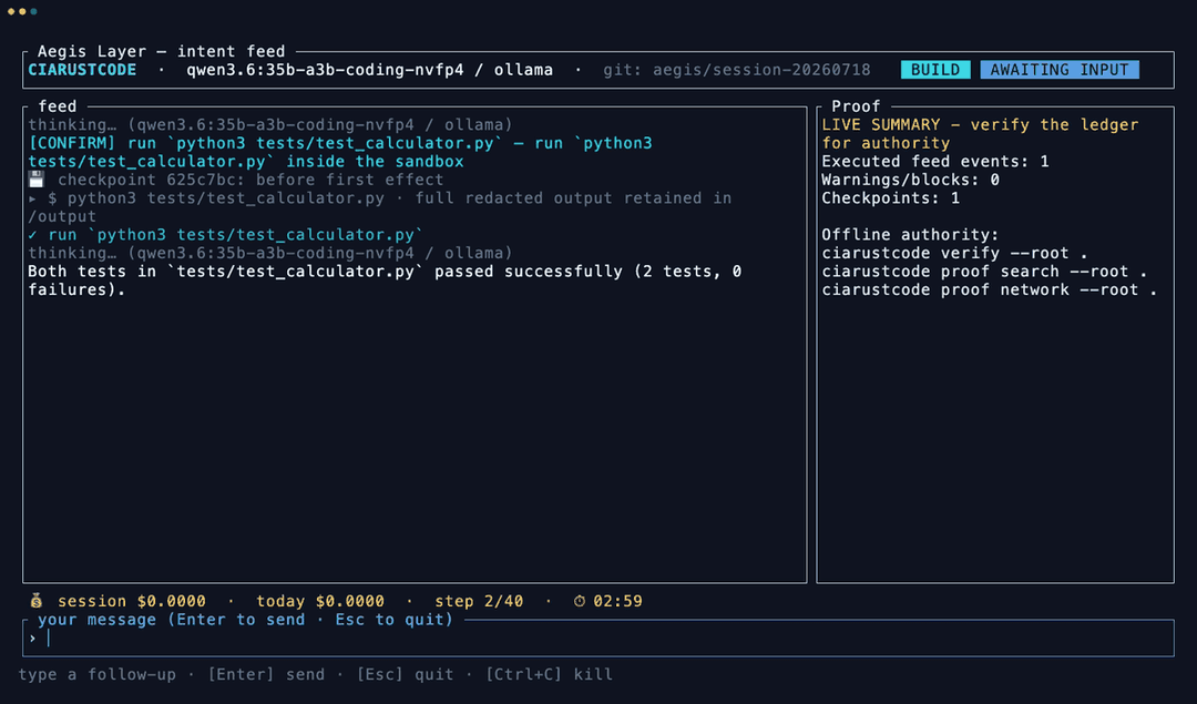A real session with the live Proof panel — executed events, warnings, checkpoints, and the offline commands that verify the session straight from the ledger.