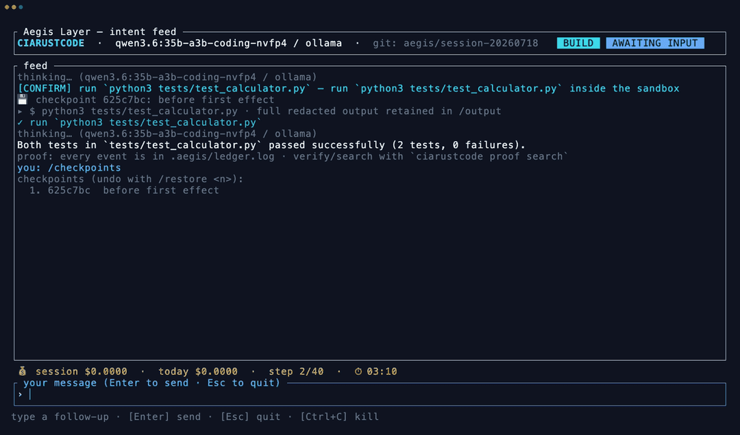 Checkpoints as they happen — a commit before the first effect, listed in-session, with undo one /restore away and drift-guarded recovery.