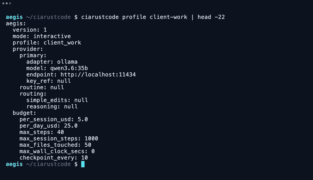 Trust profiles — one named profile previews the complete effective policy, spend caps and checkpoint cadence included, with zero effect.