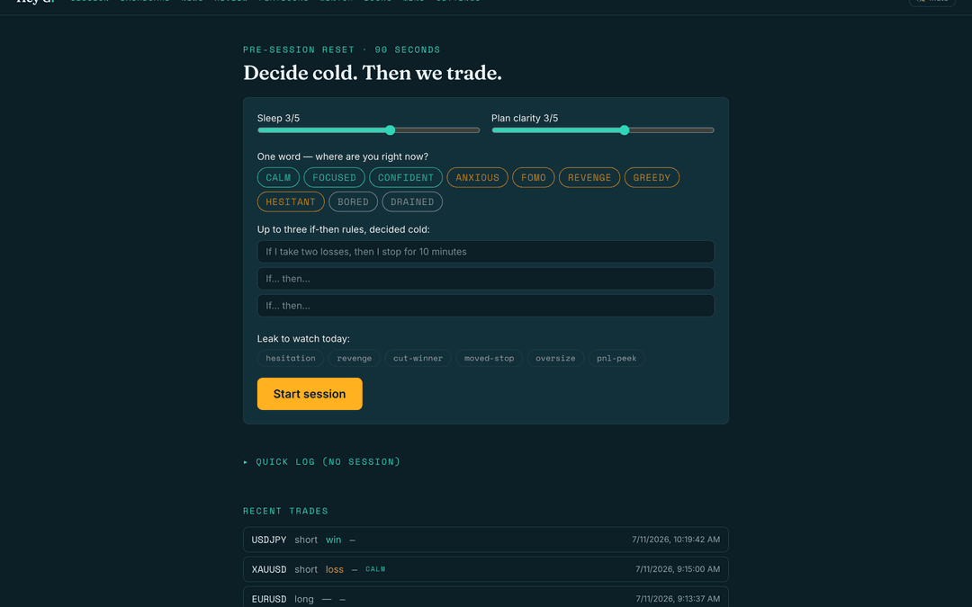 Pre-session reset — “decide cold, then we trade”: a state word, up to three if-then rules and the leak to watch, before a single trade.