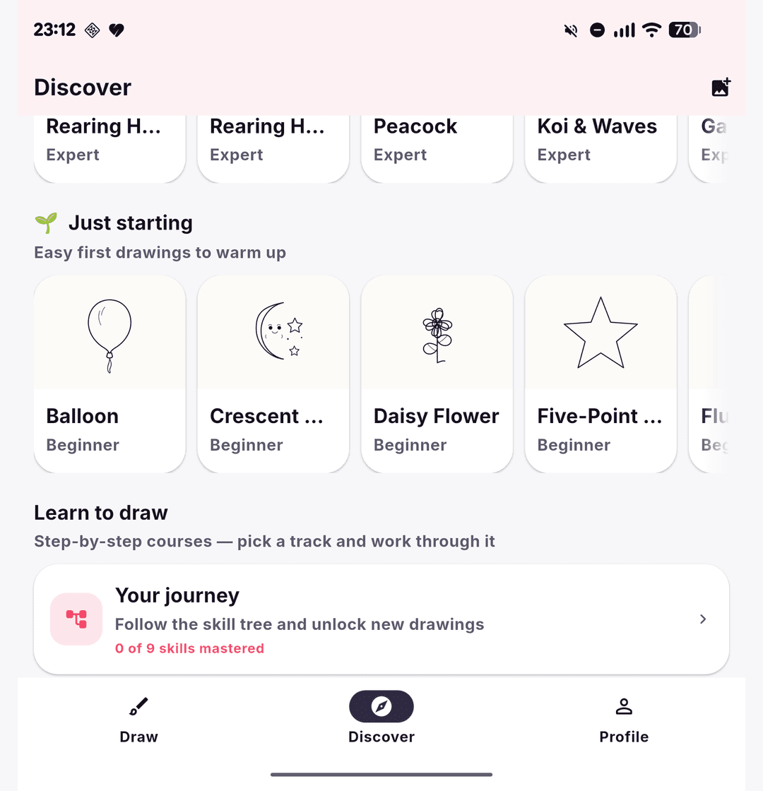 Discover — a rotating weekly theme, a beginner-friendly ‘Just starting’ shelf, step-by-step course tracks and a ‘Your journey’ skill tree, over a big searchable template library.
