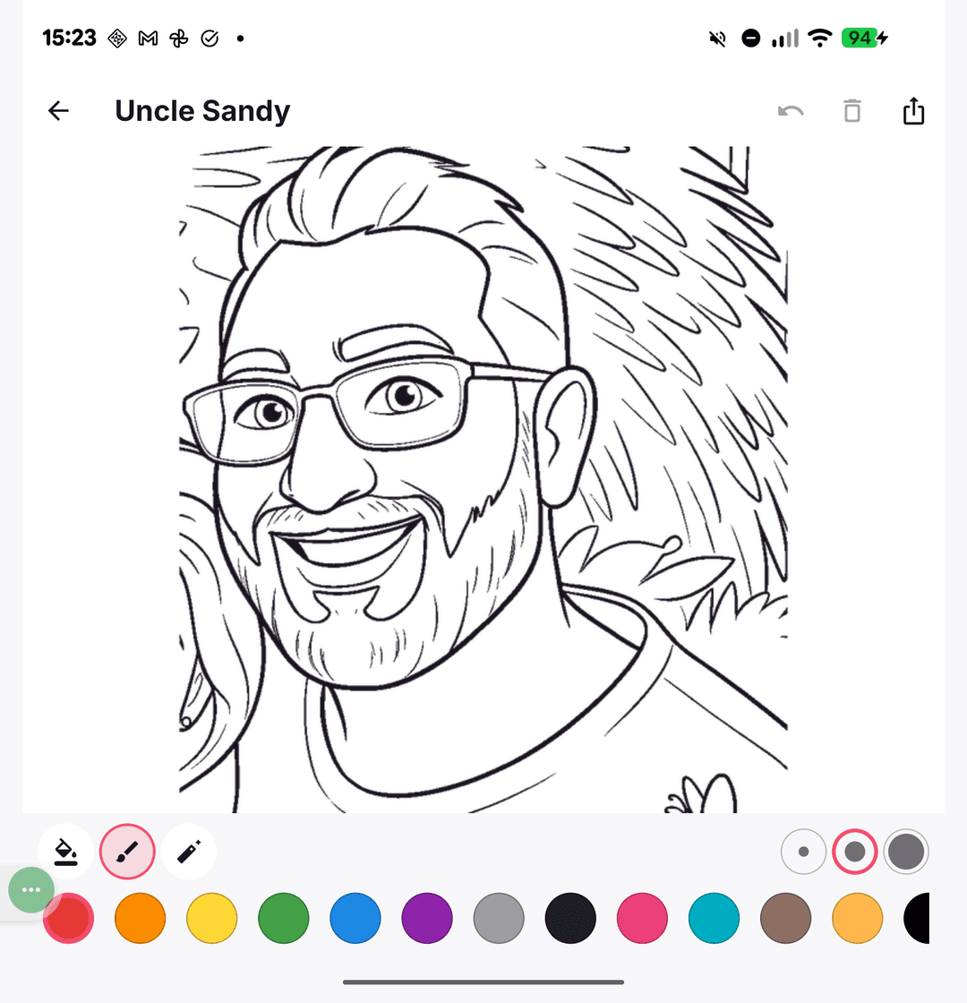 Colour-in — a true flood-fill, brushes and a full palette over the outline, with a selected-colour ring and Save / Print / Share on every finished piece.