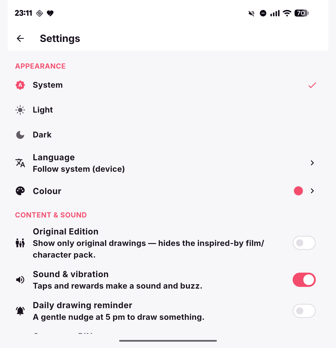 Settings — light/dark, an in-app Language picker and an accent-Colour choice, Original Edition toggle, reminders, a grown-up PIN and an honest on-device data note.