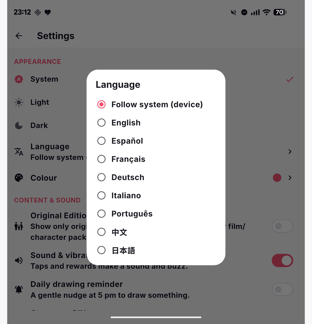 Language — switch the whole app live between English, Español, Français, Deutsch, Italiano, Português, 中文 and 日本語, or follow the device.