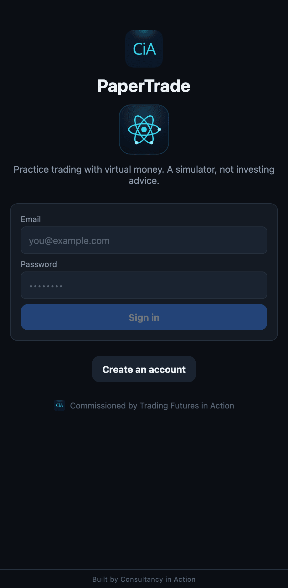 Sign-in — CIA-branded, commissioned by Trading Futures in Action