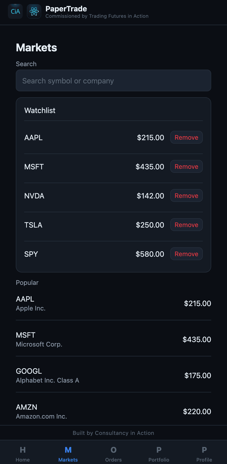Markets — search, watchlist and movers