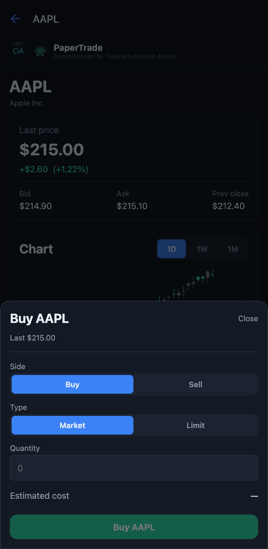 Order ticket — market & limit orders with a live estimated cost
