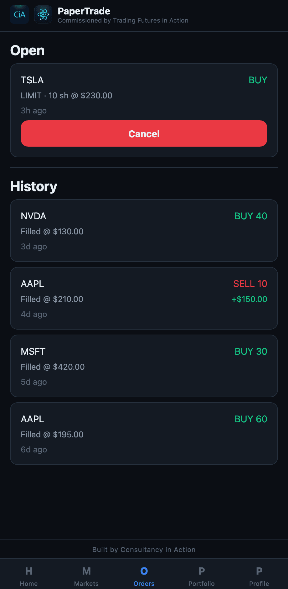 Orders — open orders and the full fill history