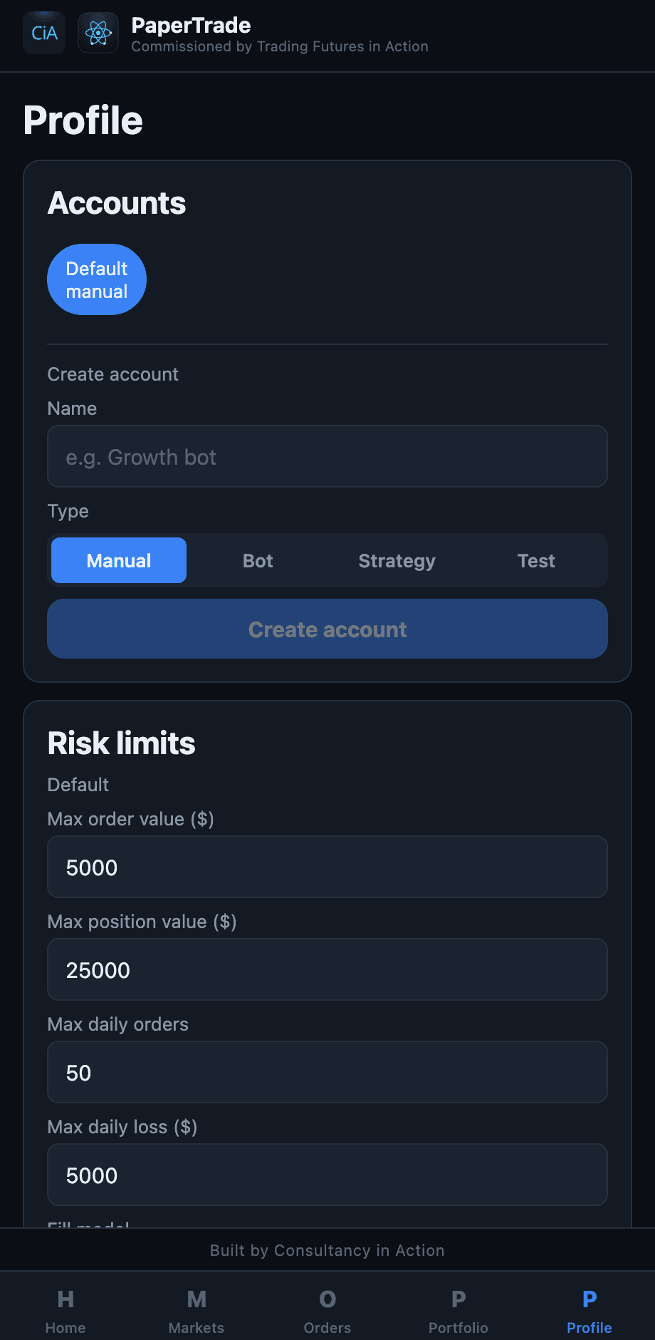 Profile — multiple accounts, risk limits, API tokens and kill switch